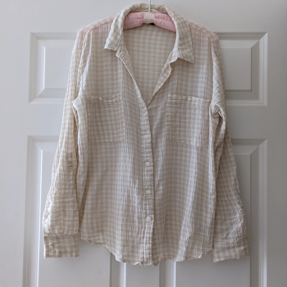 Sanctuary Boyfriend shirt gauzy light gingham check M roll up tab sleeves